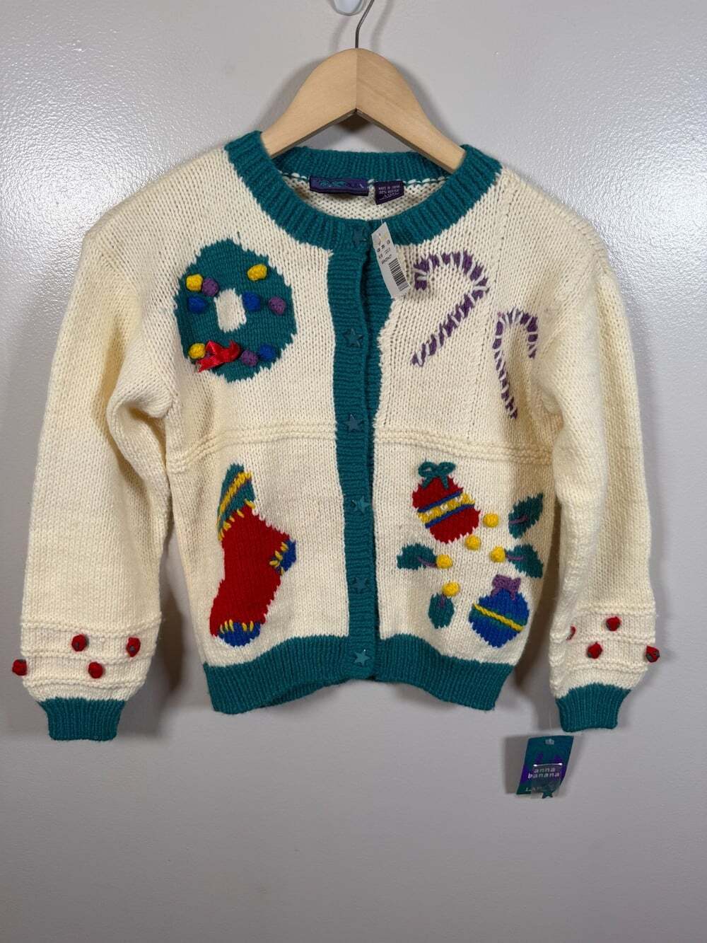 Vintage Anna Banana Christmas Sweater Kids Size Large Modern 7/8 90s Deadstock